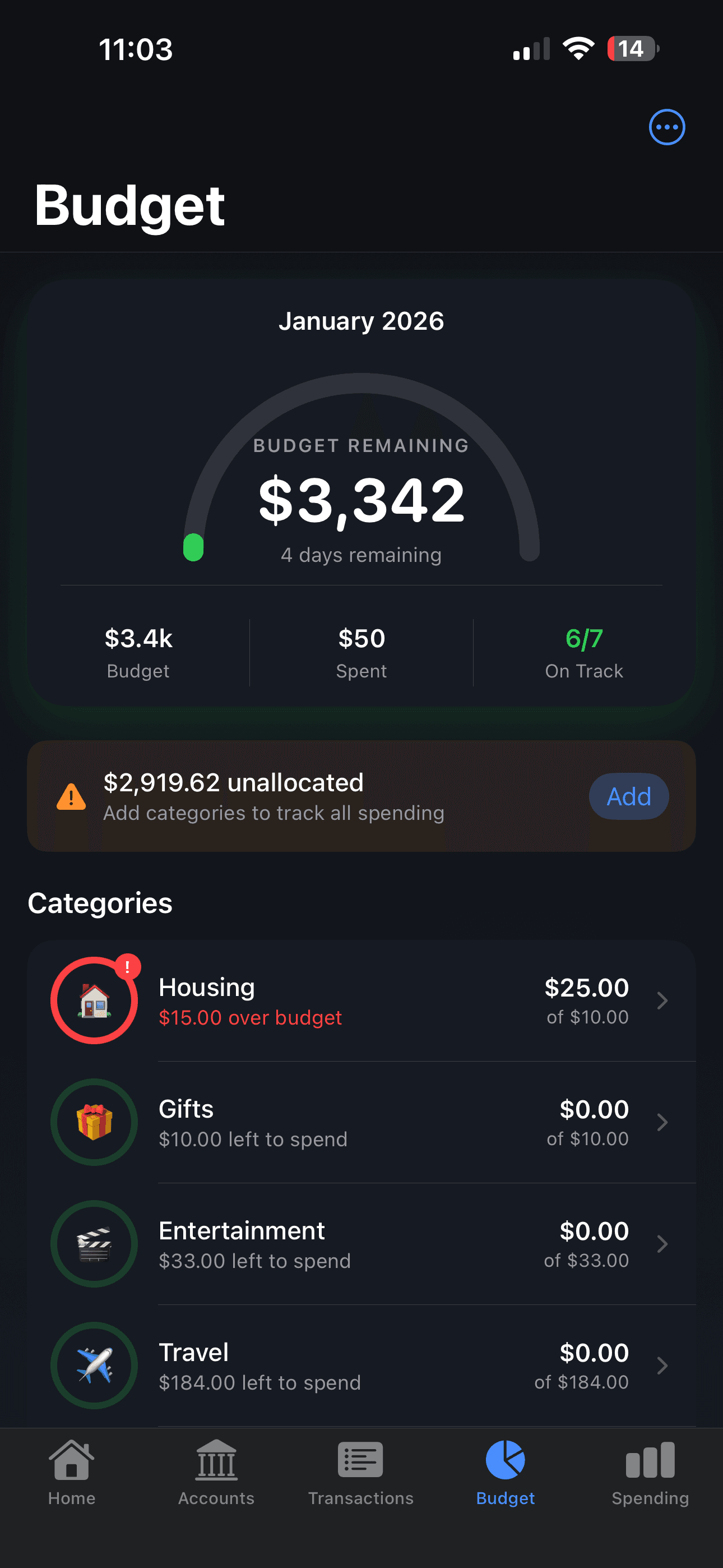 Layline app budget screen showing remaining balance and categories